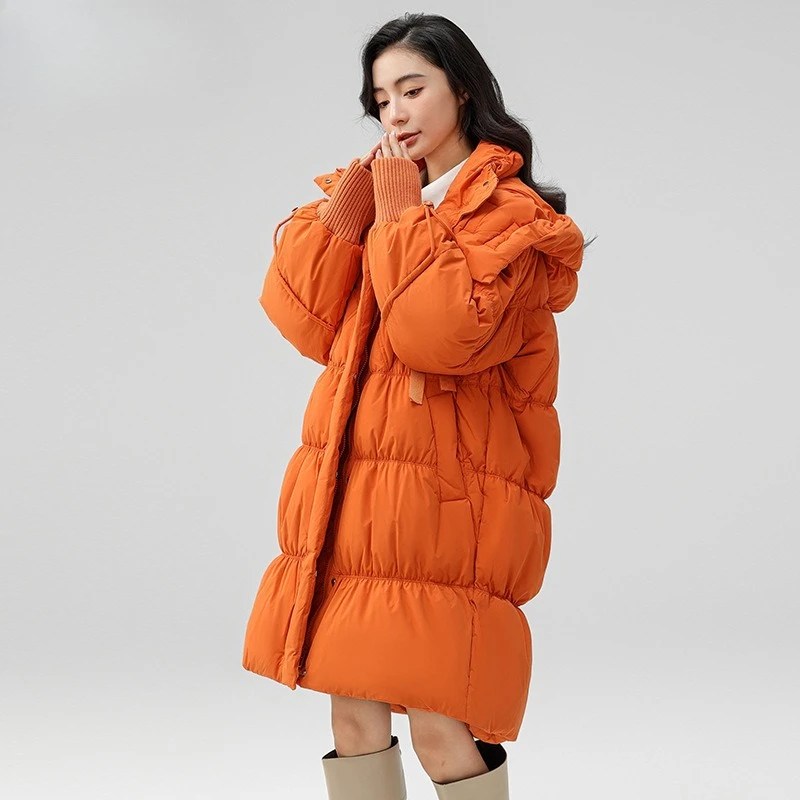 الشتاء الدافئة مقنعين البرتقال منتصف طول أسفل سترة الإناث 2025 جديد شعبية امرأة فضفاضة طويلة الأكمام سميكة الأبيض بطة أسفل معطف