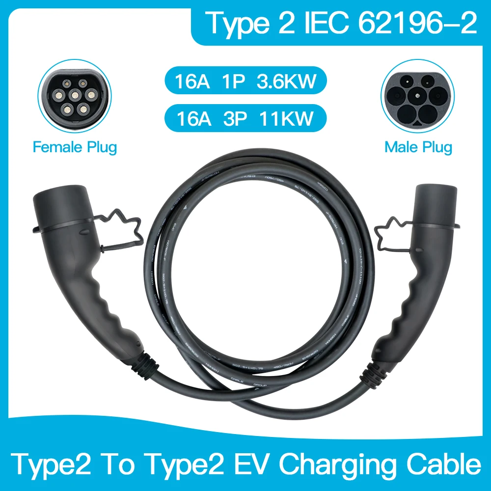 

Mode 3 EV Charging Cable 16A 11KW 3Phase Electric Vehicle Charging Station Cord 3.6KW Type 2 to Type 2 IEC 62196-2 3.5M Cord