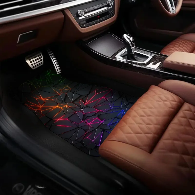 

4pcs Vibrant Geometric Floor Mats - Black With Colorful Star & Diamond Patterns, Comfortable Crystal Velvet Vehicles Floor Mats,