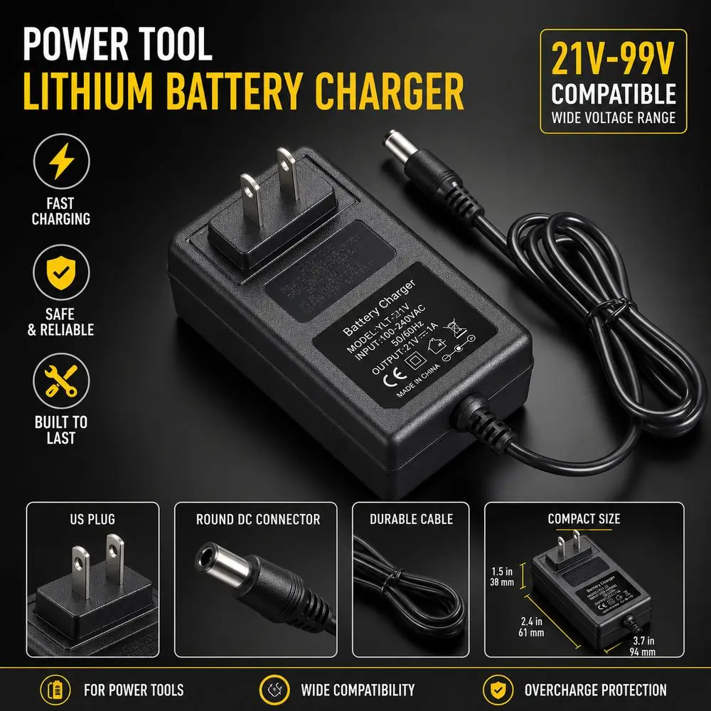 Fast Charging Power Tool Battery Charger Round DC Connector US Plug Lithium Battery Charger Black Plastic Housing