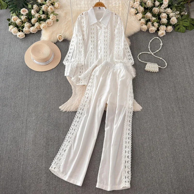 

Elegant Temperament, New Fashion, Collar Embroidery, Hollowed Out Shirt, High Waist Slimming Straight Leg Pants, Two-Piece Pants