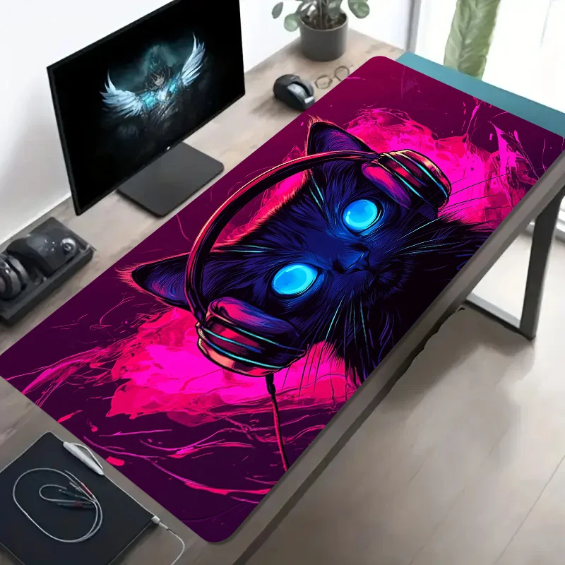 Neon Glowing Cat Headset Extended Gaming Mouse Pad Non-Slip Desk Mat for Office and Computer Setup
