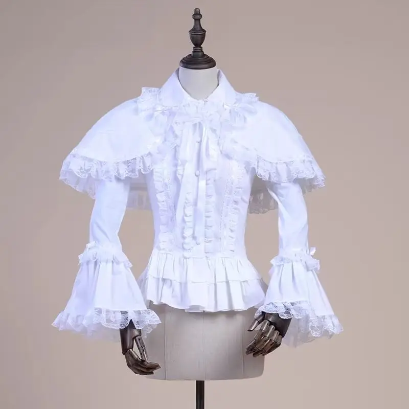 

Victorian Vintage Cloak Shirts Women Lace Ruffles Flare Long Sleeves Gothic Blouse Female Lolita Slim Y2k Tops Mujer Blusas