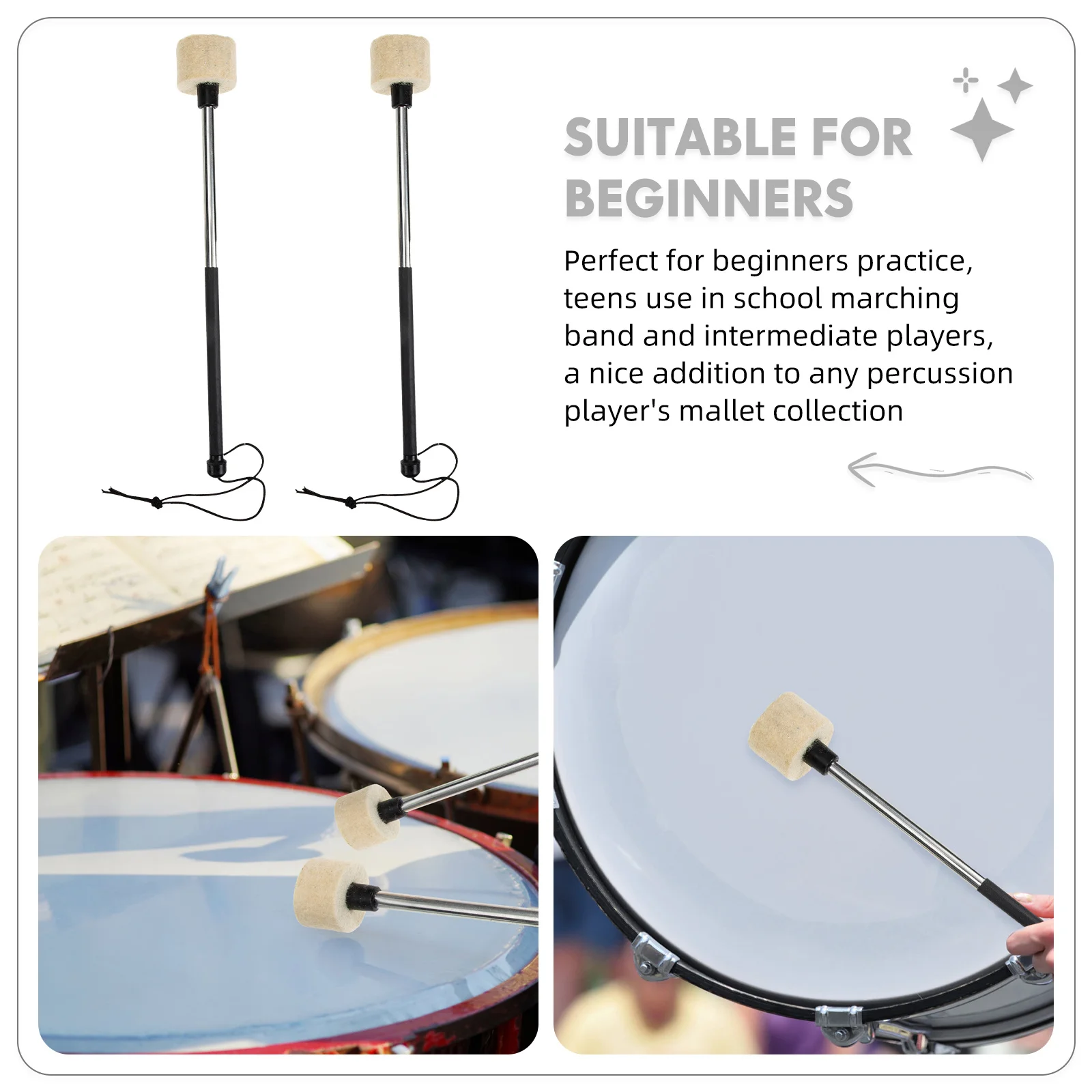 

2pcs 1Pair Stainless Steel Drumstick Felt Head Professional Percussion Instrument Stick For Music Band Stage Performance Drum