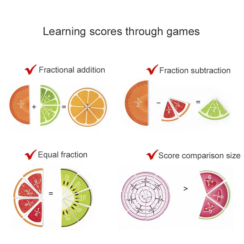 ألعاب مونتيسوري الخشبية الرياضيات التنوير كسر الفاكهة تحلل لوحة التدريس المعونة التعليمية للأطفال