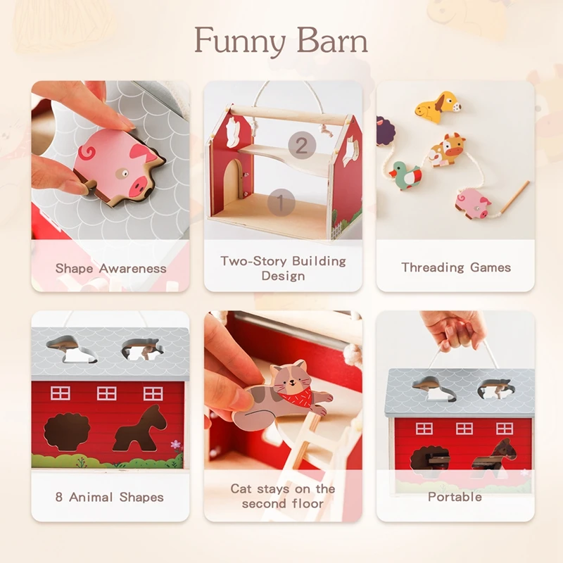 Montessori Toys Wooden Simulated Farm Setting Scene Toys Baby Shape Matching Animal Threading Toys Children Puzzle Blocks Gifts