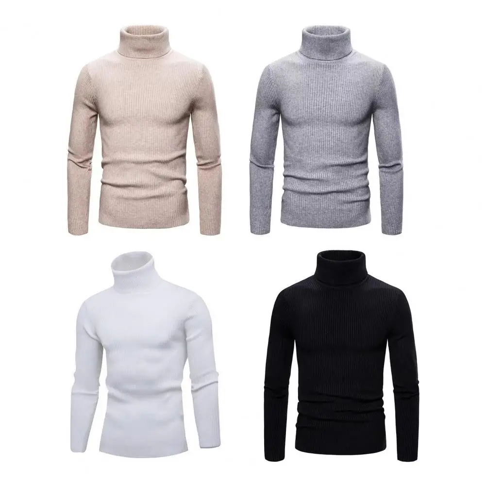 Solid Color Knitting Sweater Men's Turtleneck Knit Sweater Slim Fit Ribbed Pullover for Autumn Winter Streetwear Fashion Solid