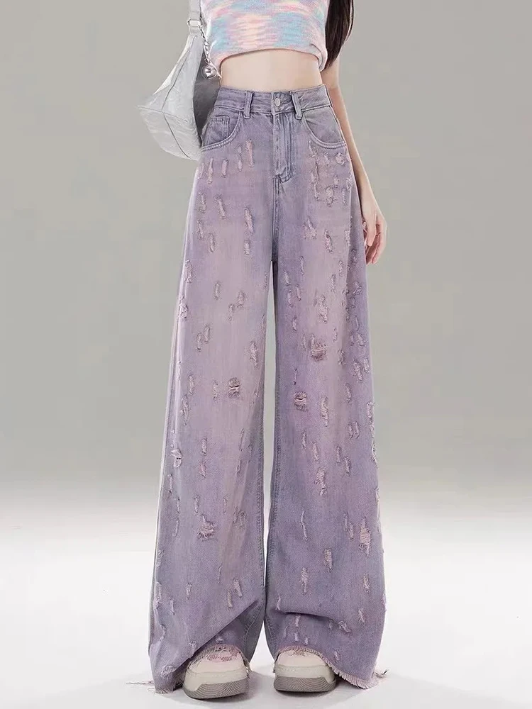 Jmprs Retro Hole Pink Purple Jeans Women Loose Casual High Waist Denim Pants Korean Vintage Design Female Elegant Trousers New