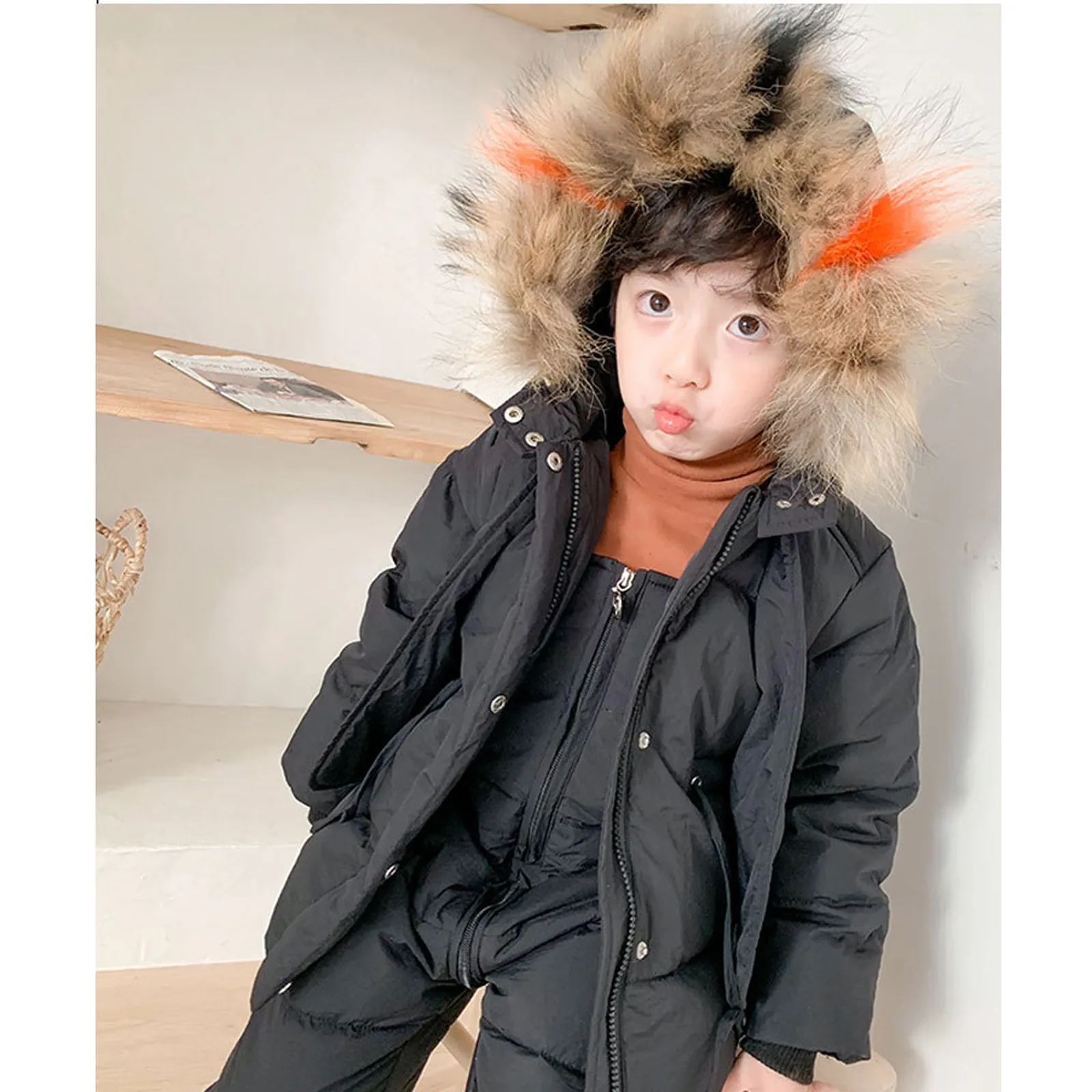 Fashionable Winter Down Jacket Fur Hooded Baby Boy Girl Overalls Warm Kids Coat Child Snowsuit Snow Toddler 2 Piece Clothing