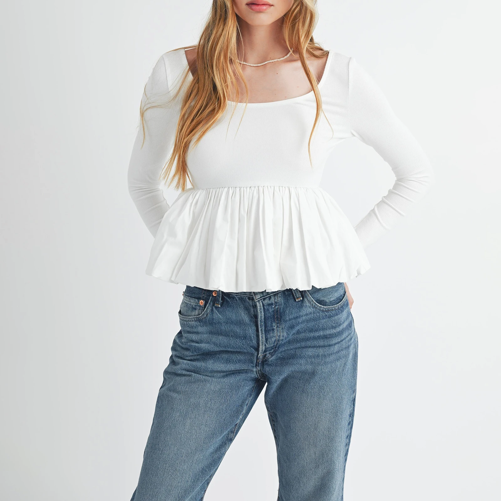 Vrouwen Peplum Tops met lange mouwen Casual effen kleur Verstoorde zoom Basic shirtblouses voor Club Streetwear Esthetische kleding