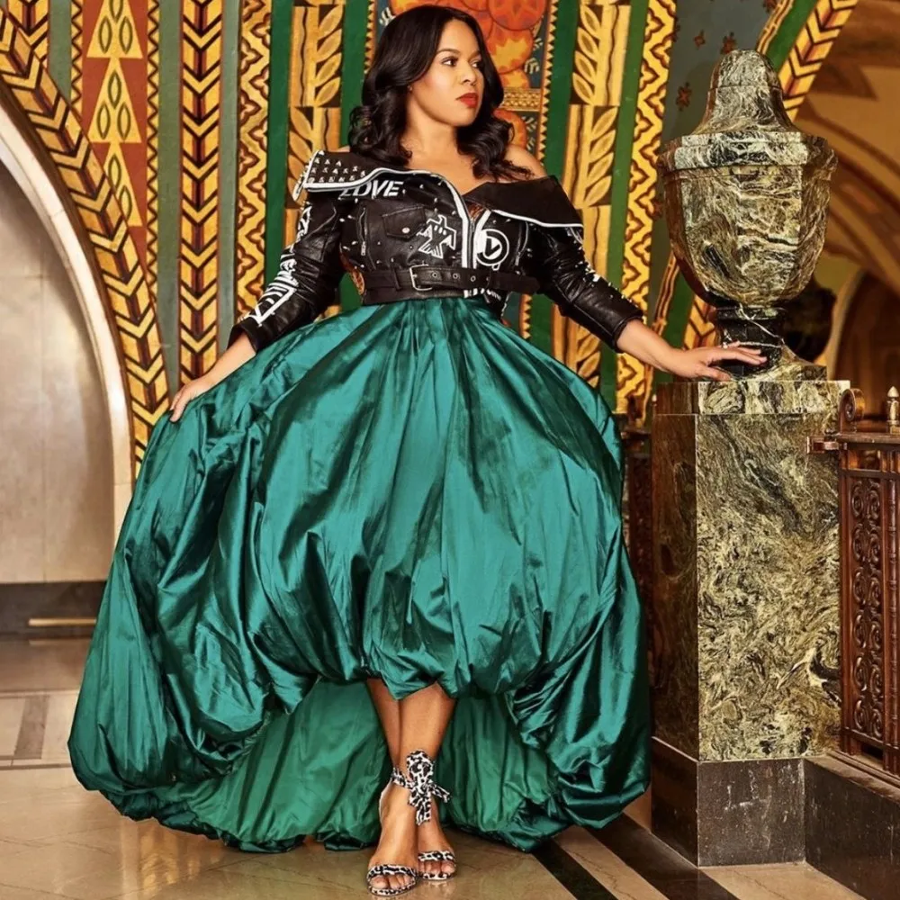 

Green High Low Skirt For Women Without Top High Waist Draped Party Skirt Puffy Office Lady Evening Skirt