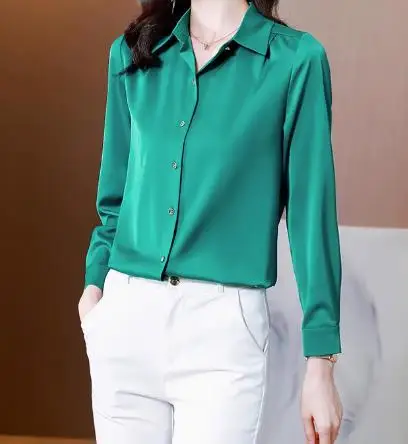 a new Peacock blue Satin Shirt Women Long sleeve silk Blouses loose women work wear uniform office shirt simple Chiffon top