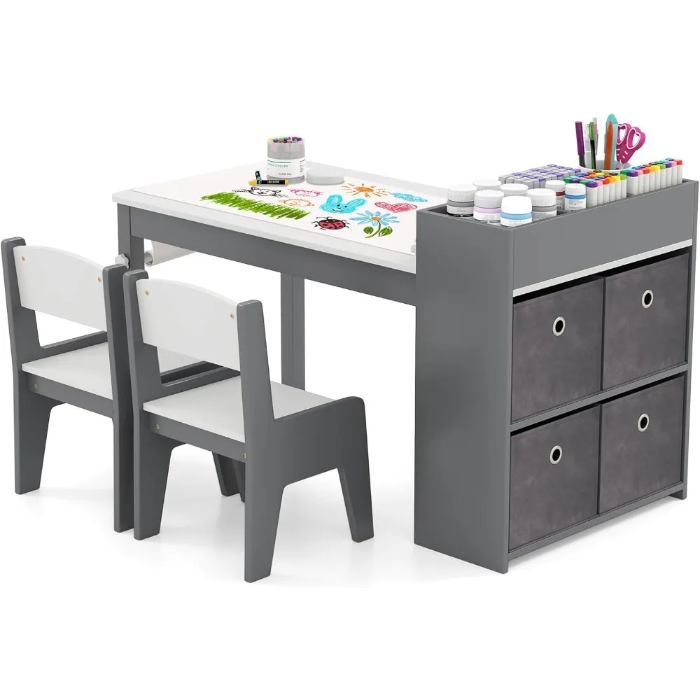 

Kids Table and Chair Set, Wooden Arts and Crafts Activity Table w/Paper Roll, Storage Bins & Shelves for Writing Drawing