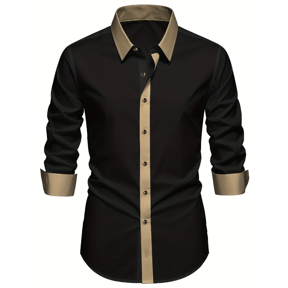 FGKKS Men Black Shirt Brand New High Street Patchwork Long Sleeve Smart Casual Elastic Man Business Dress Shirts