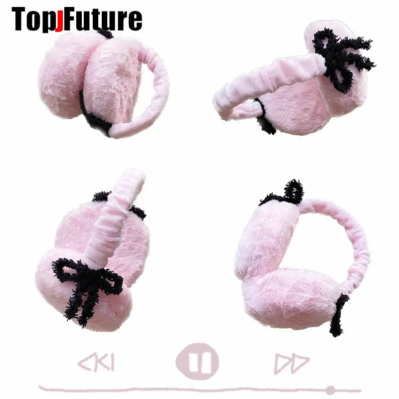 Harajuku Y2k Girl Sweet Lolita Bow Furry Ear Warmer Women Girls Winter Warm Earmuffs Foldable Outdoor Cold Protection Ear Cover