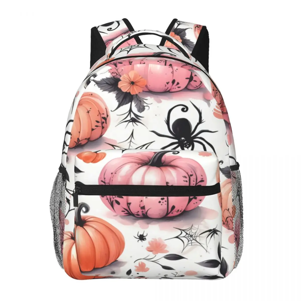 Cool Skull Student Backpack Tossed Pink Pumpkin Spider Web Coquette Halloween Watercolor Pink Orange Girls Bookbag for Valentine