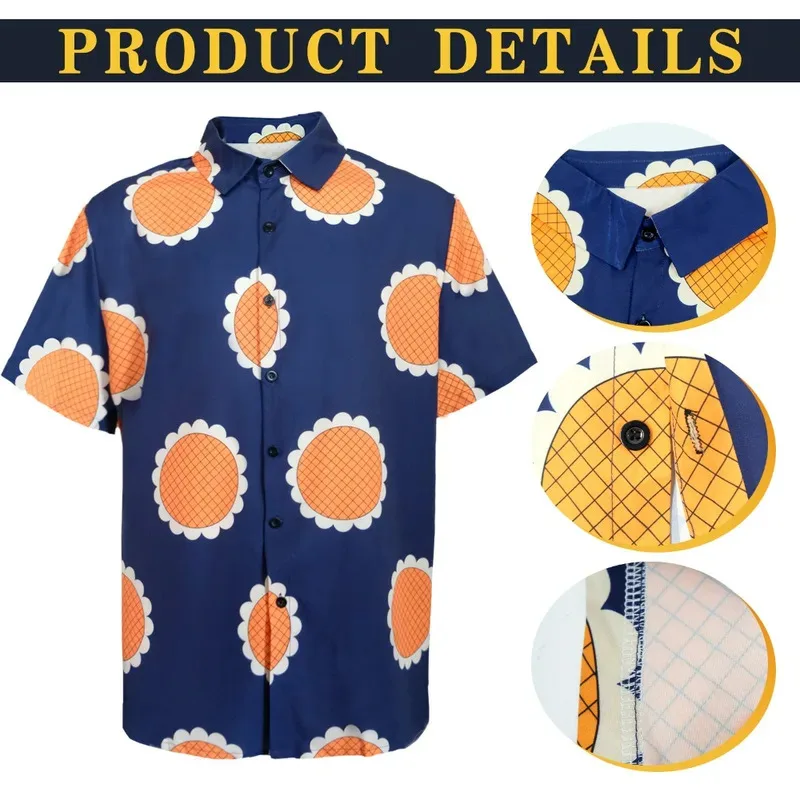 

Men's Anime Costume Sunflower Print Button Shirt Halloween Adult Cosplay Luffy Straw Hat Option Top Suit x2,f5