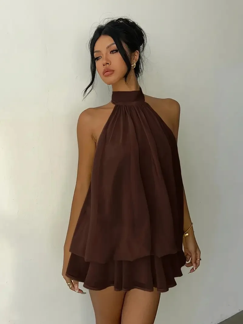 Damesjurk met halternek, chiffon mini-rok met strik aan de voorkant, modieuze sexy Y2K vintage schattige feestjurk voor verjaardagen