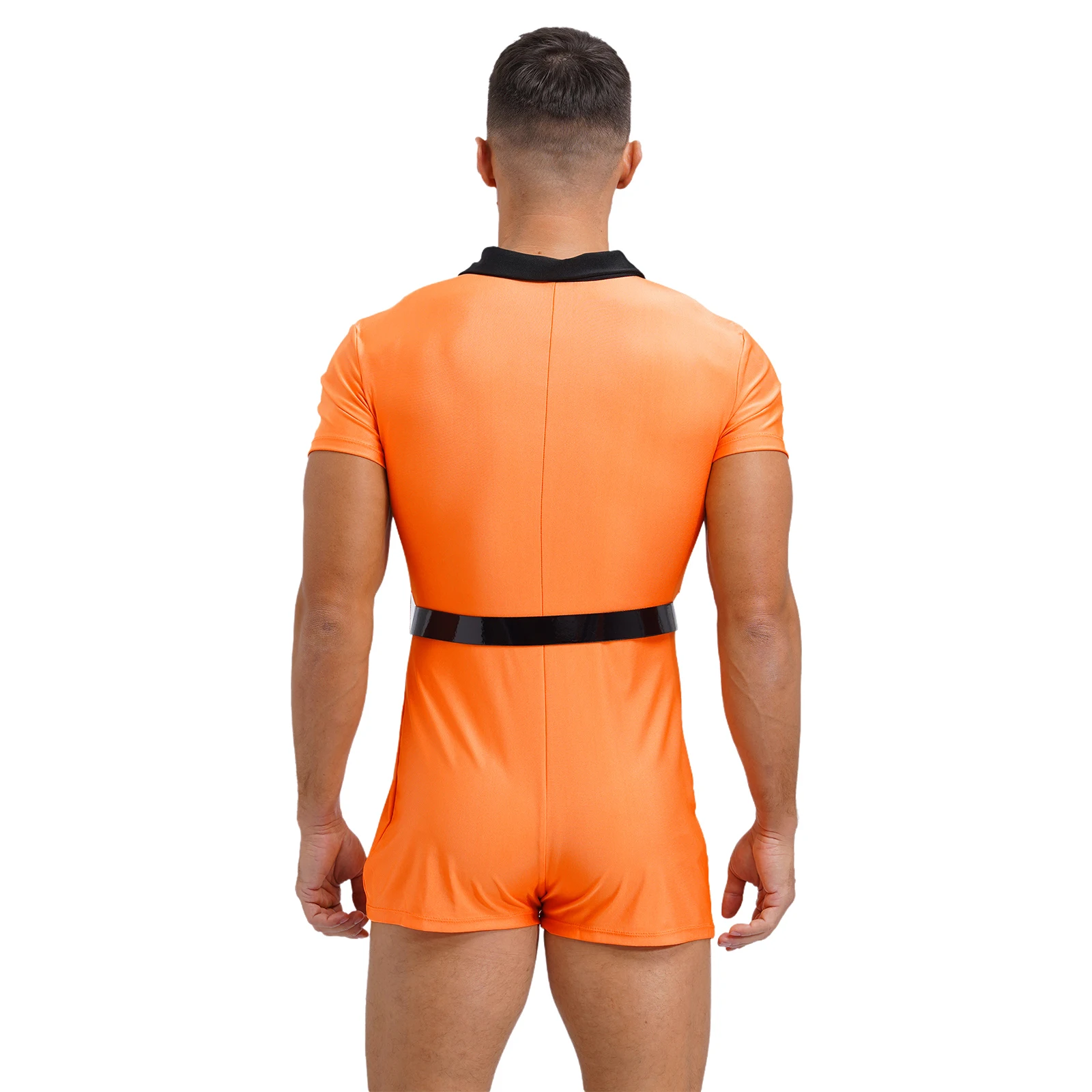 Herren Erwachsene Gefangene Rollenspiel Kostüm Uniform Phantasie Ball Halloween Party Outfit Reiß verschluss Kurzarm Jumps uit Bodysuit mit Gürtel