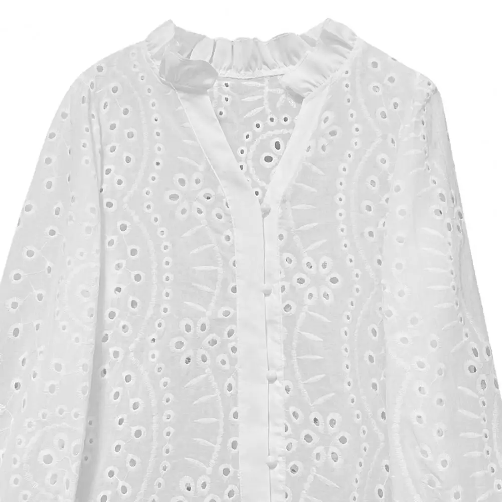 Soft Luster Blouse Textured Fabric Shirt Women V-neck Lantern Sleeve Shirt Single Breasted Ruffle Detail Top Hollow for Everyday