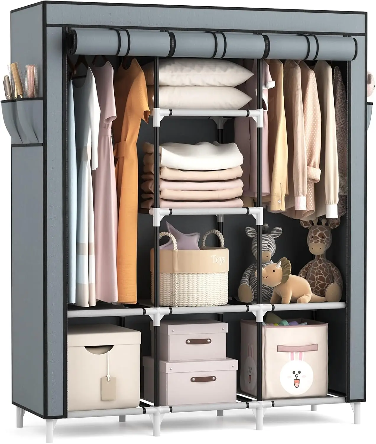 

Portable Closet Wardrobe with Cover, 2 Hanging Rods and 8 Shelves for Bedroom Storage, Grey