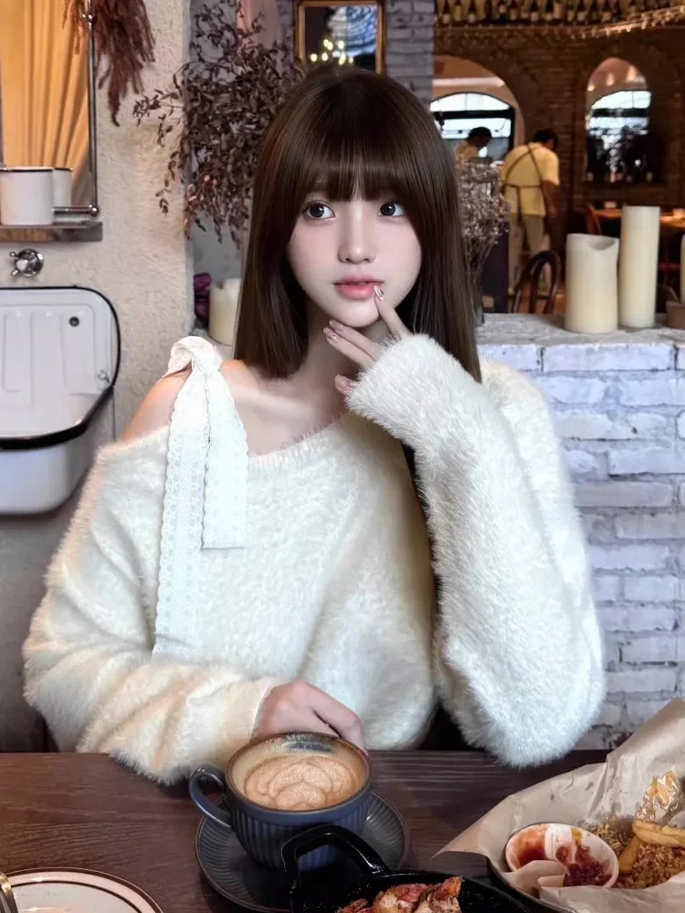 

Soft Sweet Jumper Knitting Pullovers Women's Clothing Bandage Bow Mohair Pull Femme Off Shoulder Knit Loose Sweater Sueter Mujer