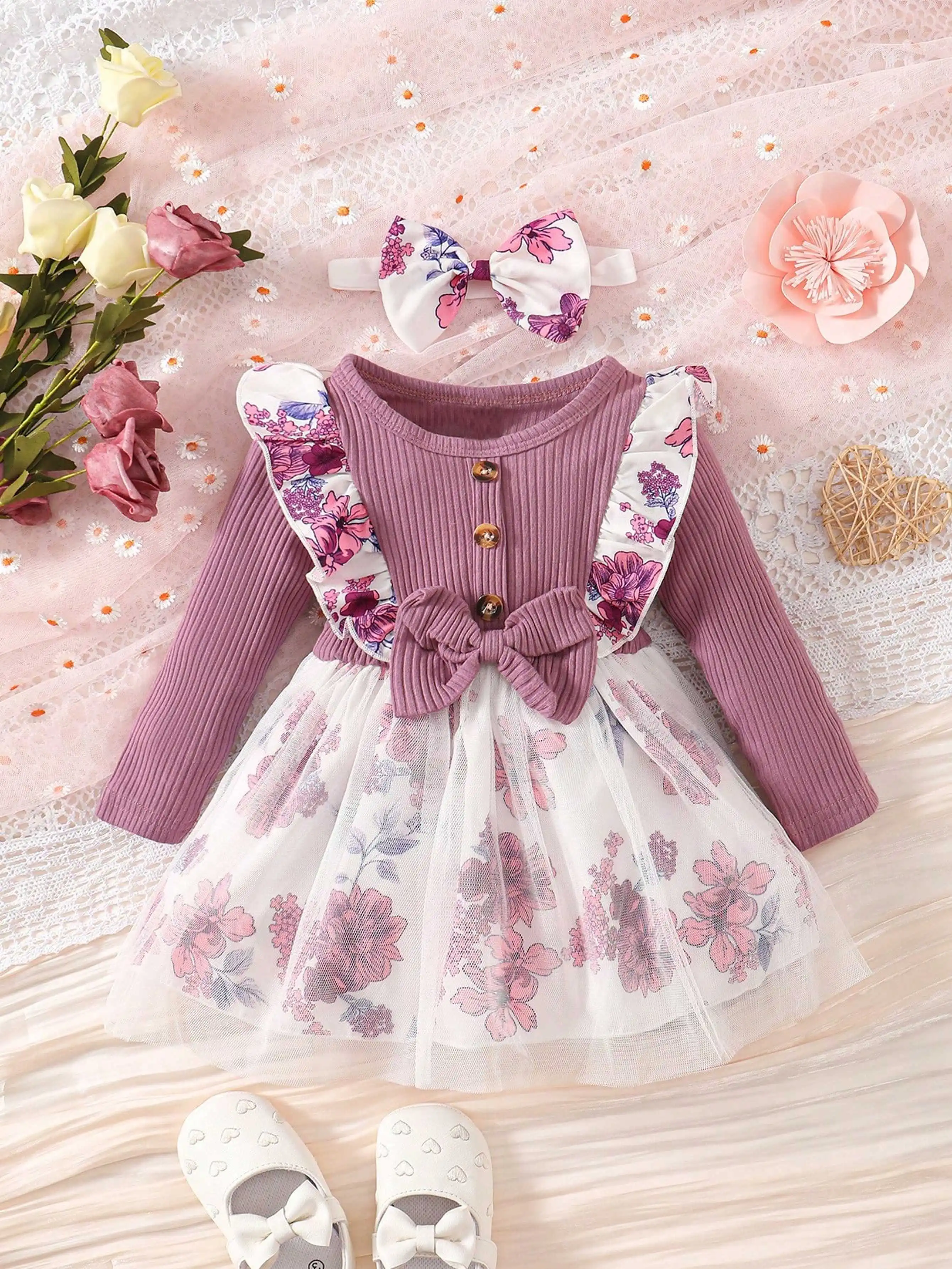 0-2 Year Old Newborn Girl Long sleeved Purple Digital Printed Mesh Bow Headwear Pit Pattern Combed Cotton Dress