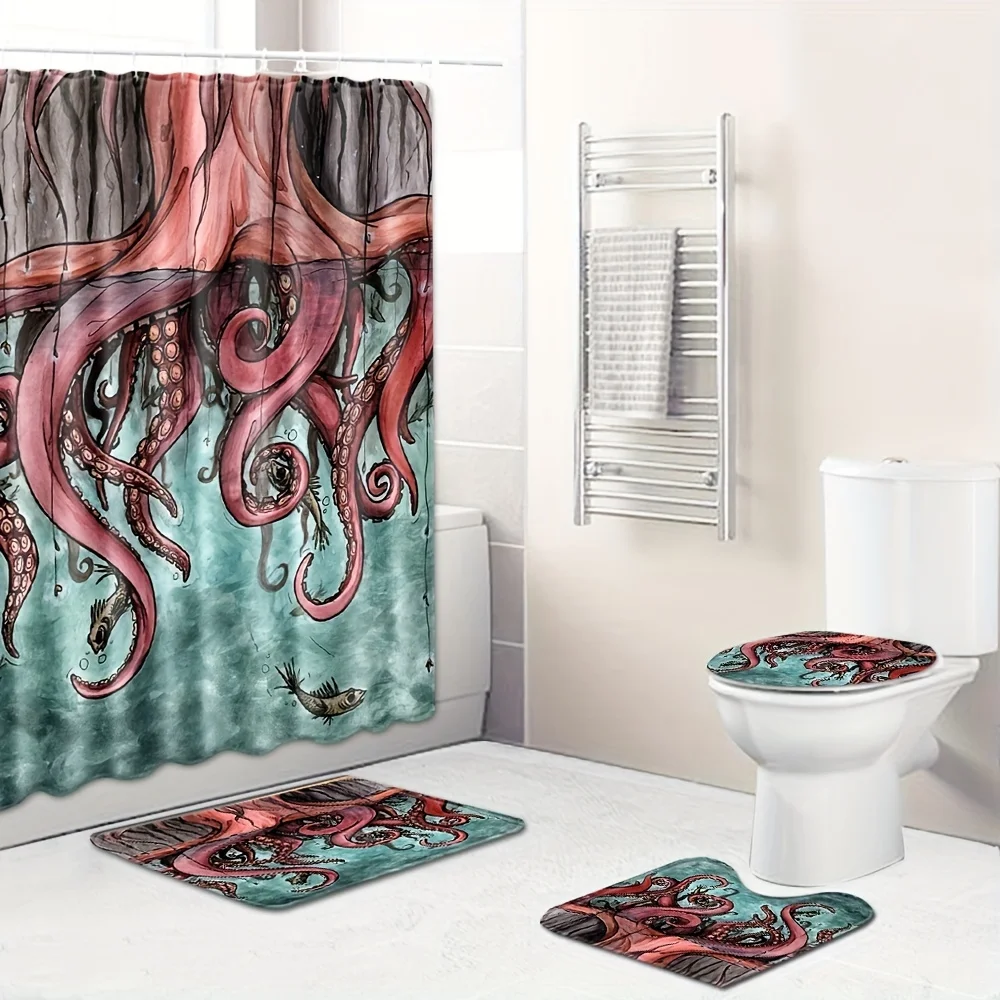 

Octopus Waterproof Shower Curtain Shower Curtain With12 Hooks, No Slip Floor Mats And Toilet Lid Cover, Modern Bathroom Decor