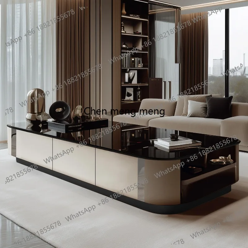 

Modern style 1.8 meters large coffee table solid wood multi-layer paint with hollow tempered glass countertop