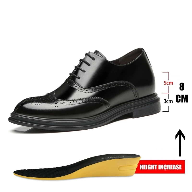 Platform High Heel 6/8 CM Height Increase Casual Men Brogue Genuine Leather Shoes Man Oxford Dress Shoes Elevator Formal Shoes