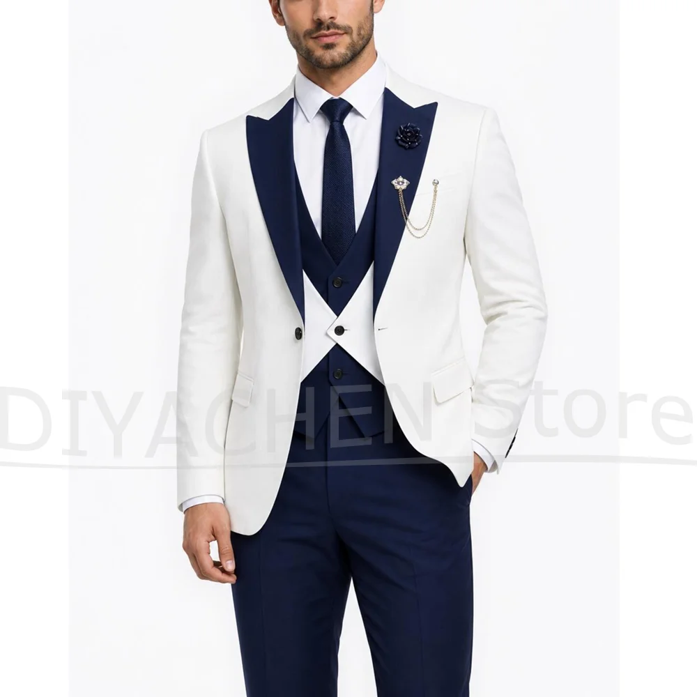 Chic Mens Three Piece Suit Peak Lapel One Button Outfit Wedding Groomsmen Formal Slim Fit Party Tuxedo Blazer Vest Trousers