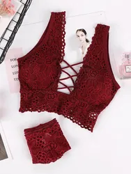 Women Bra Set Sexy Cross Straps Bra Panty Underwear Set Ladies Push Up Lace Hollow Intimates Briefs Lingerie Set