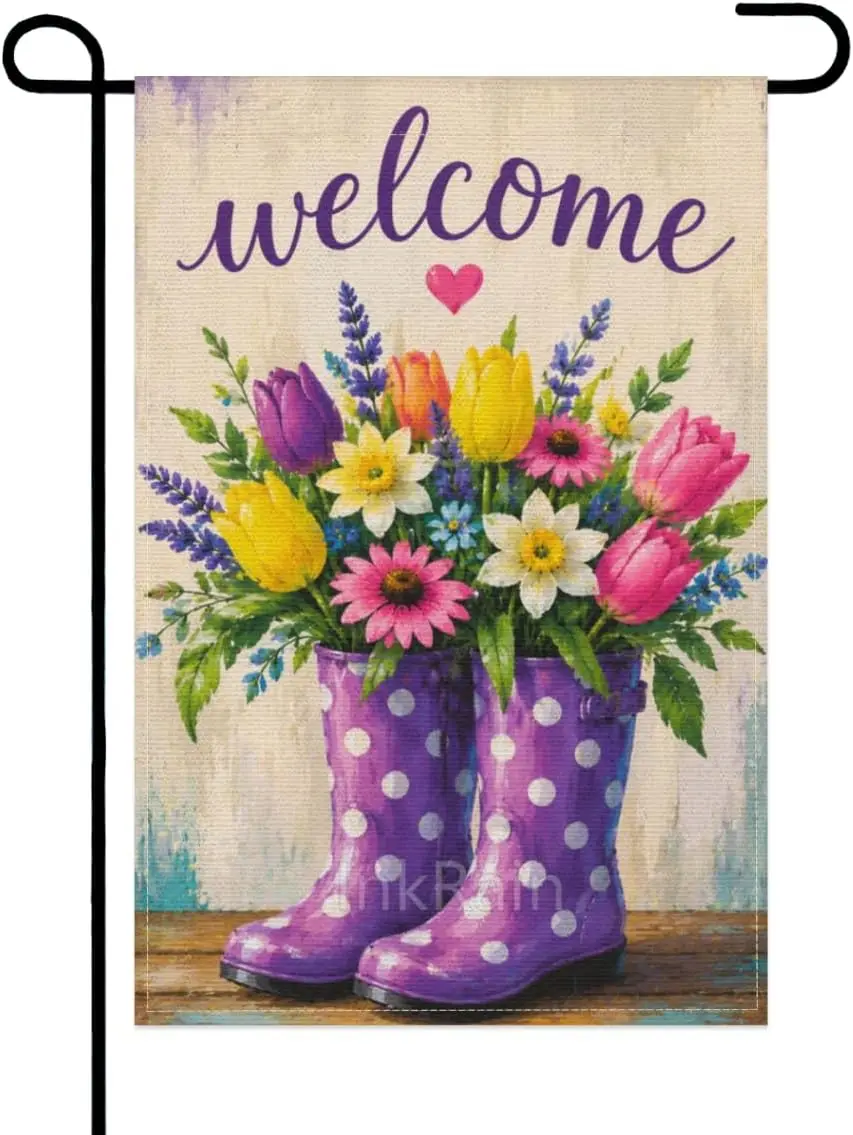 InkRain Welcome Garden Flag 12x18 Inch Tulip and Lavender Bouquet in Purple Polka Dot Rain Boots for Yard Farmhouse Decor kkz