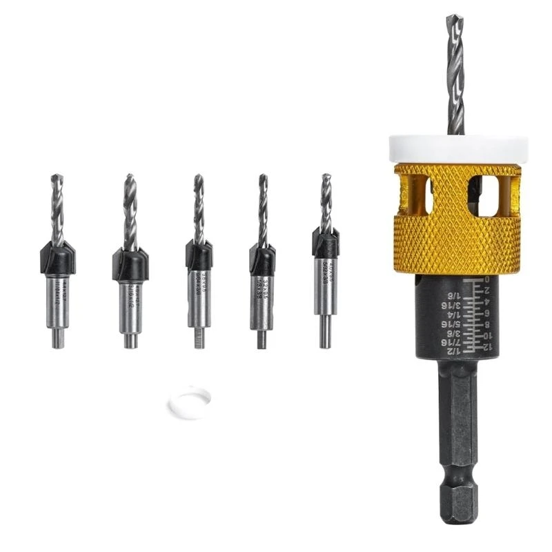 Pack of 5 Shank Countersink Drill Bits with Adjustable Depth Stop Tapered Bits for DIY Projects and Professional Use M4YD