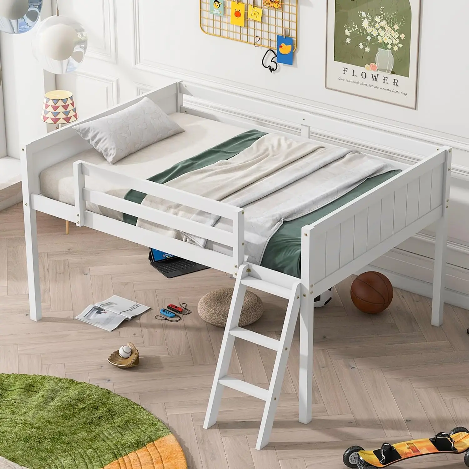 Lit Loft Complet pour Enfants, Lit Loft Bas Complet, Lit Loft en Bois avec Échelle pour Garçons et Bol, Book ine Taille, Blanc