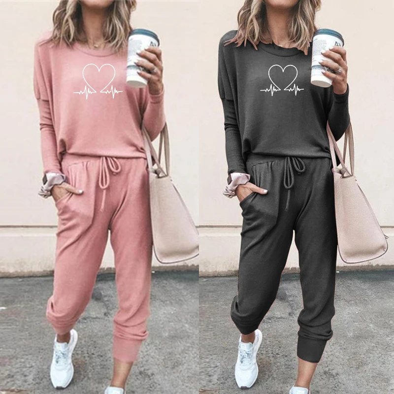 Women Printed Tracksuit Spring Autumn O-Neck Pullovers Top Sweatshirts and Casual Pants Sports Suits Female Two Piece Outfits