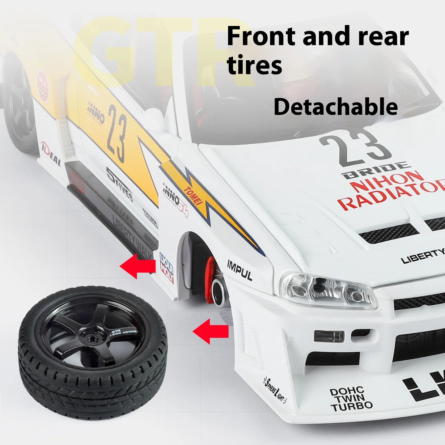 1:18 รุ่นดัดแปลงของโมเดลโลหะผสม GTR, เสียงจําลองและแสง, ยางที่ถอดออกได้, เครื่องประดับเดสก์ท็อปที่สวยงาม