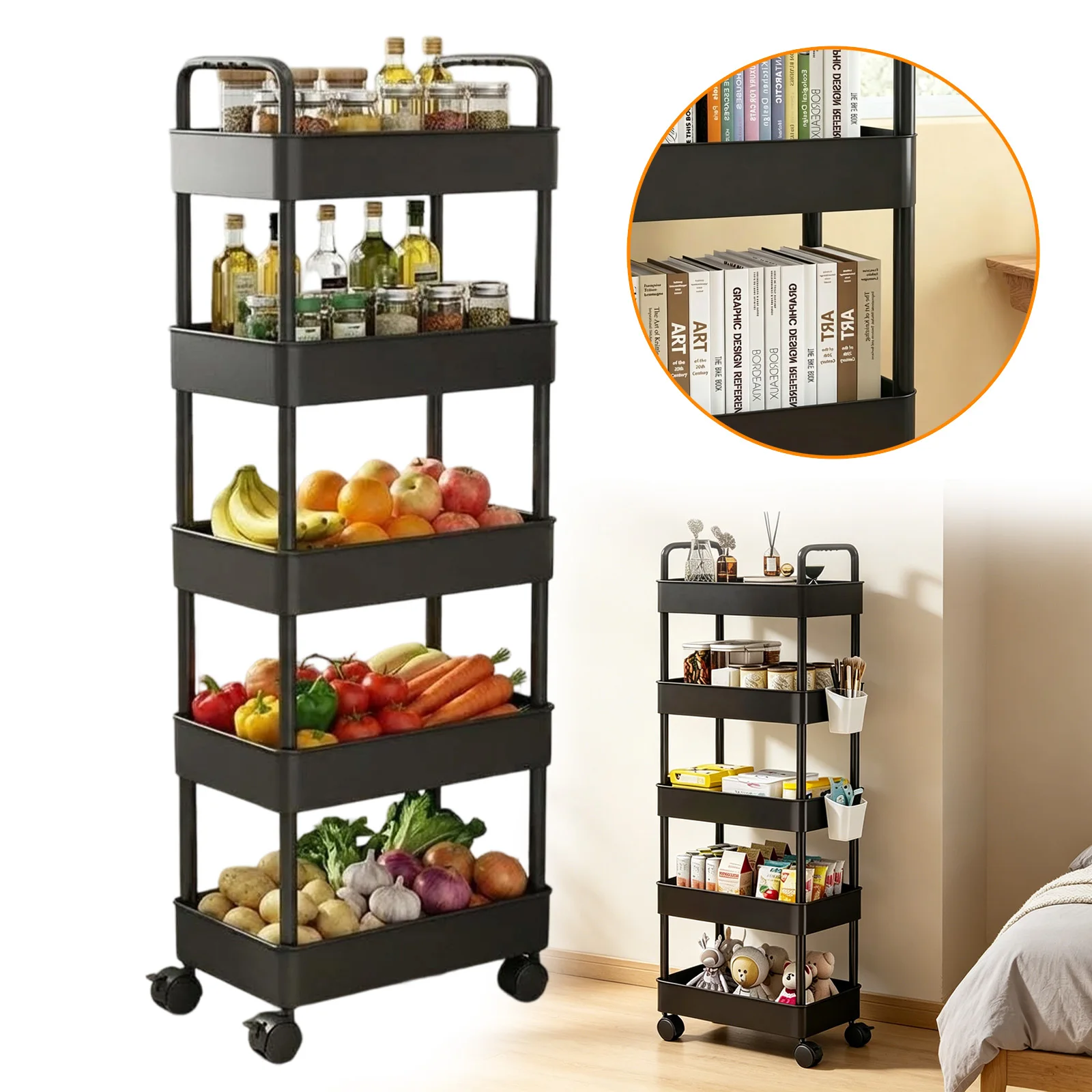 Étagère de rangement multi-usages à 5 niveaux avec quatre roulettes pivotantes à 360° °   Roulettes pivotantes, organisateur roulant polyvalent pour cuisine, salle de bain, buanderie et salon – Idéal pour les espaces restreints, les améliorations de locaux locatifs et l'organisation flexible de la maison.
