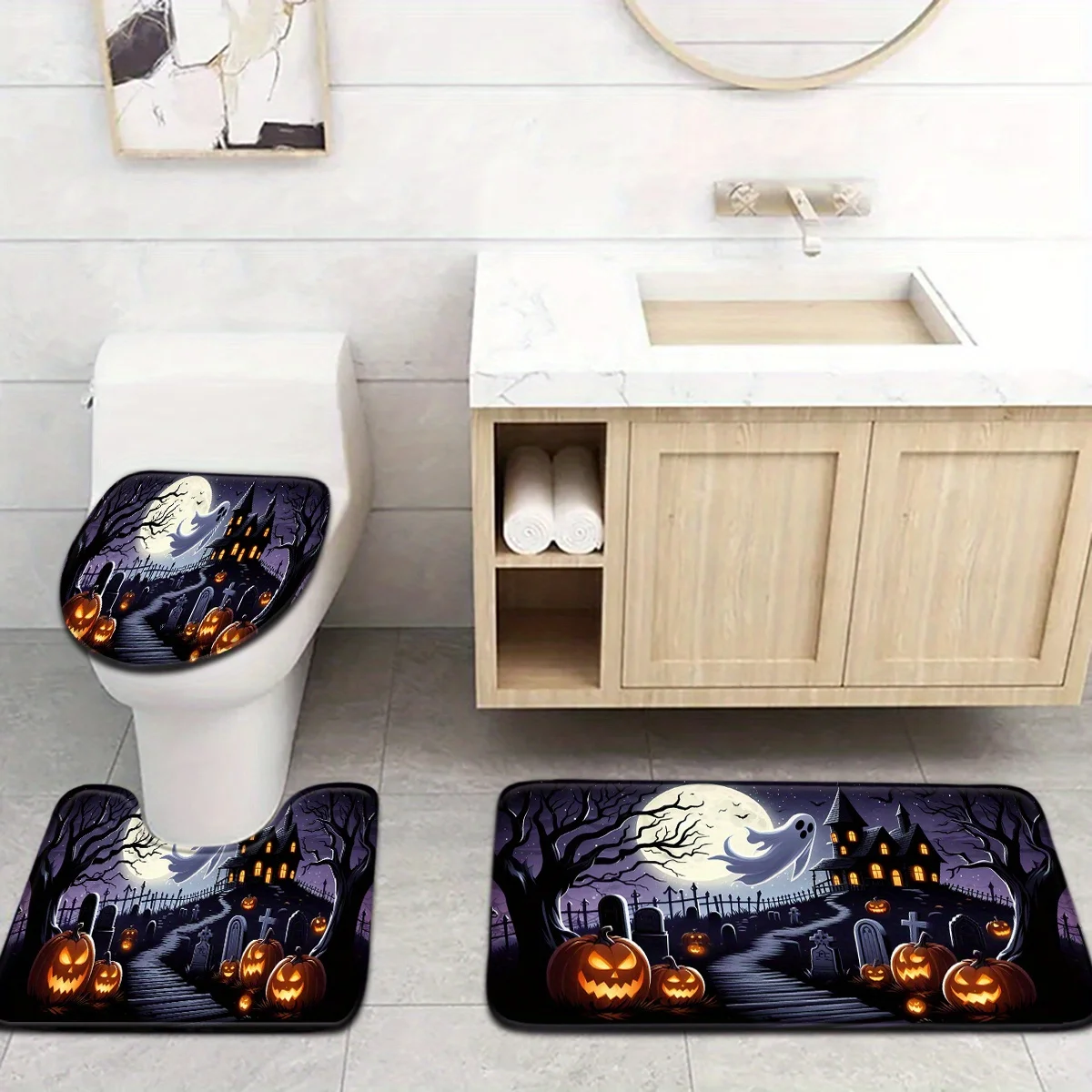 1pc Halloween Pumpkin Dead Tree Moon Castle Pattern Bathroom Mat Set Toilet Lid Seat Cover U-shaped Foot Pad