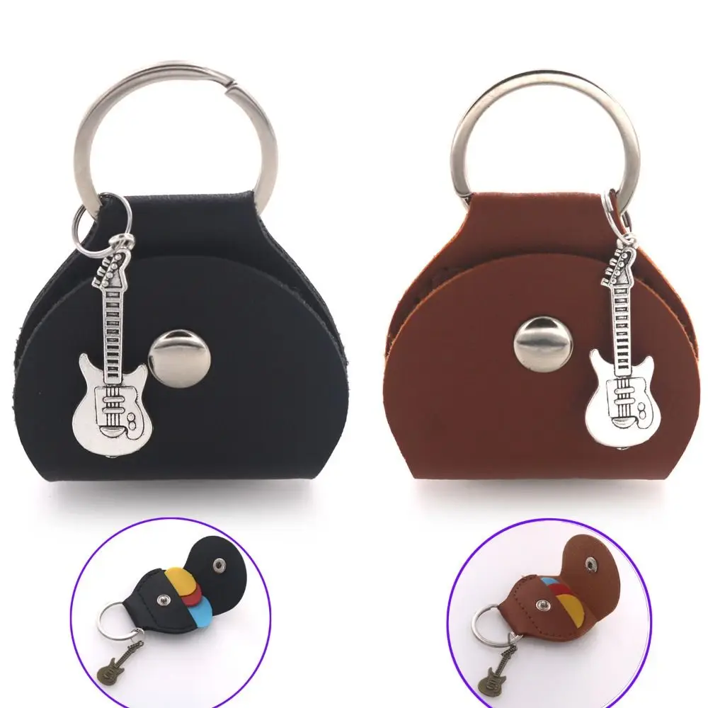 2pcs New Exquisite Guitar Pick Holder PU Leather with Keyring Guitar Key Holder Key Fob Cases Bag Guitar Pendant Guitar Keychain