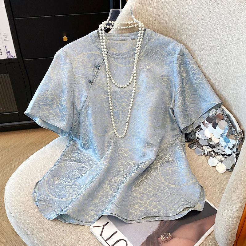 

Chinese Style Women's Blouses Printed Vintage Shirts Fashion Loose Summer Clothes O-neck Short Sleeved Satin Women Tops
