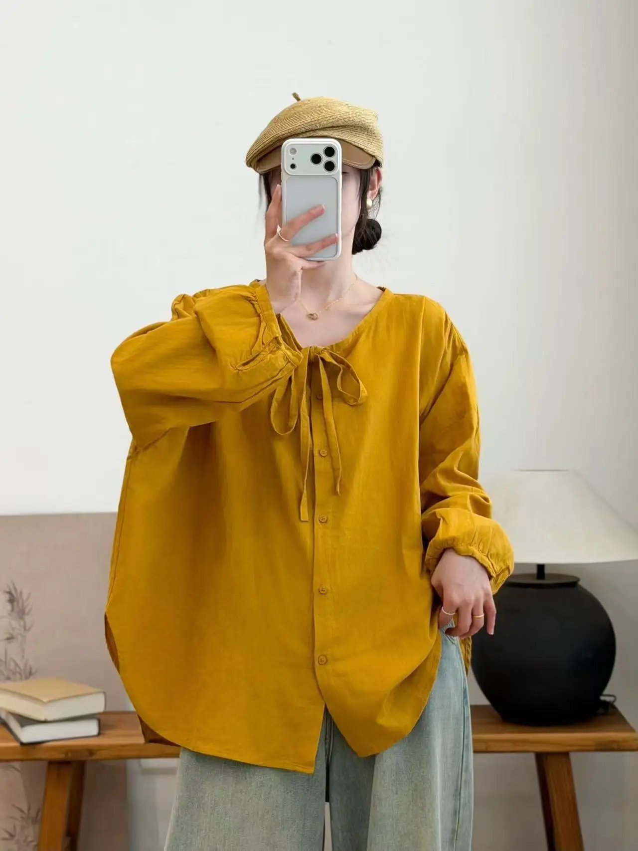 100% Cotton yarn shirts for women autumn Japan style bow long sleeve solid shirts and blouse big size oversized tops