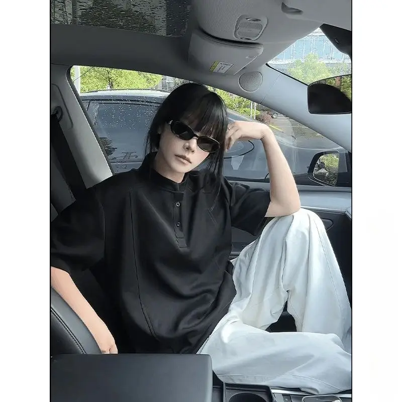 

Woman 2026 Summer New American High Street Henry Neck T-Shirt Patchwork Design Loose Oversized Casual Short Sleeve New Trend Top