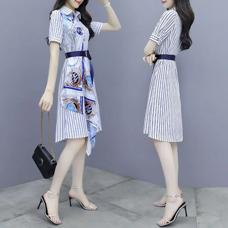 

2024 New Striped Shirt Chiffon Dress Women's Summer Dress Waist Temperament A-line Slim Fashion Button Shirt Printed Skirt