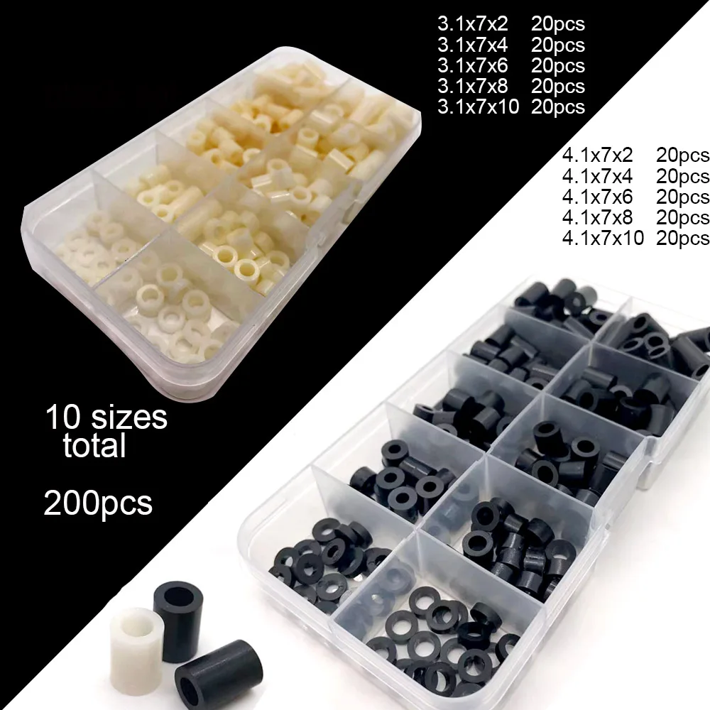 200 unids/set M3 M4 10 tamaños negro blanco ABS Nylon plástico no roscado espaciador hueco separador arandela conjunto caja surtido Kit