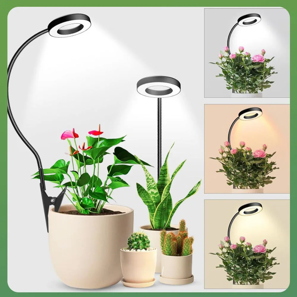 Luz LED para cultivo de plantas, Clip para maceta de espectro completo, USB, interruptor de 3 colores, temporizador de atenuación para el jardín del hogar