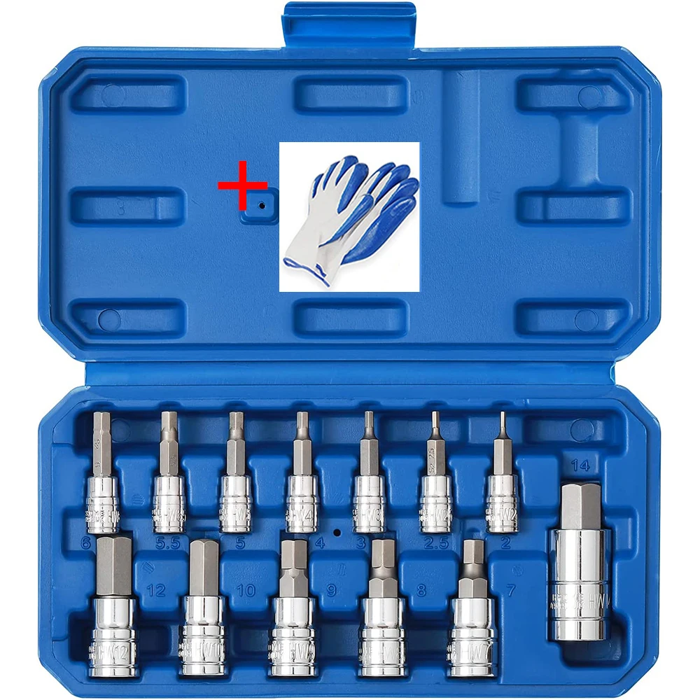 

13PCS Metric Hex Bit Socket Set CR-V Allen Bit Socket Kit, S2 Steel 2mm - 14mm 1/4" 3/8" 1/2" Drive