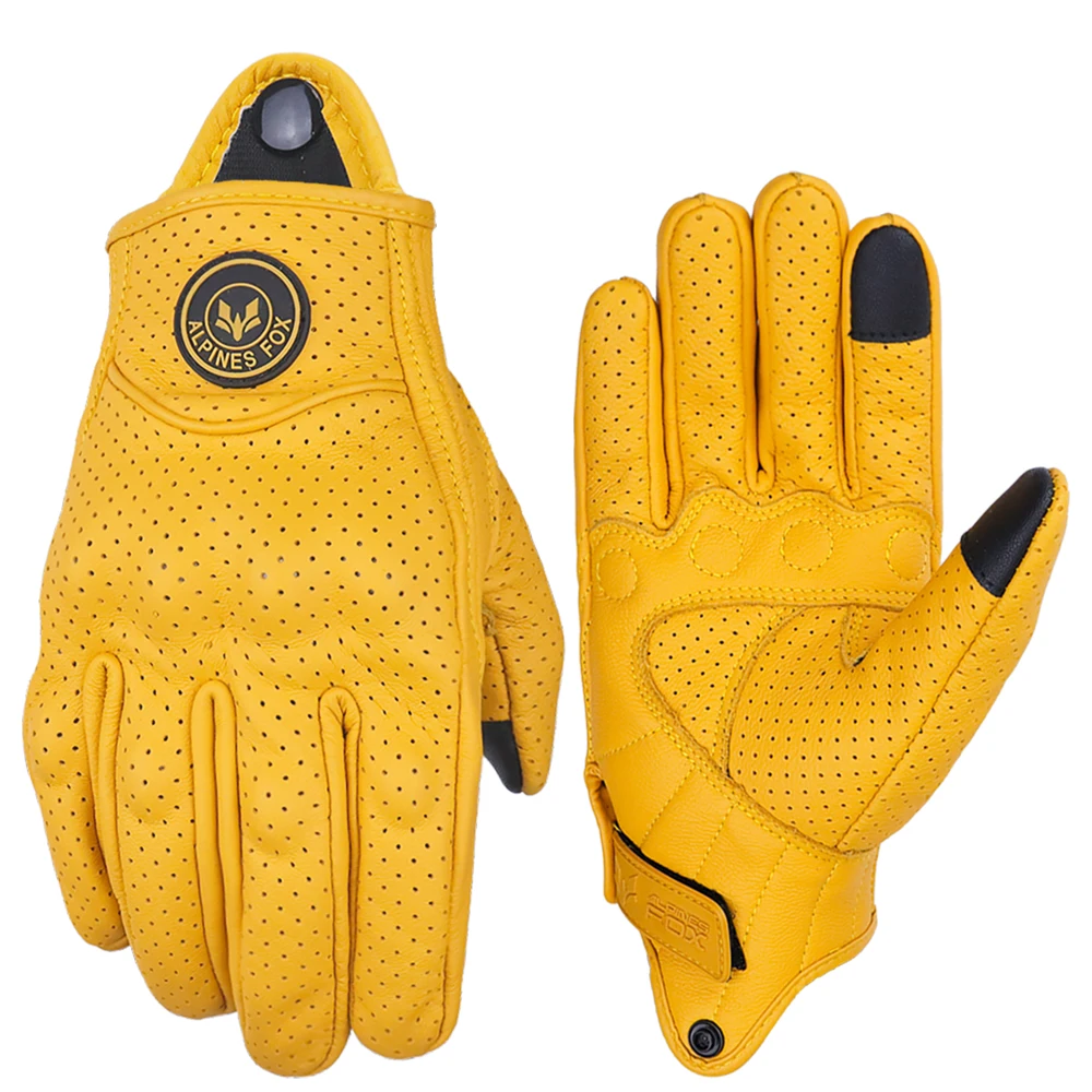 

Новые летние винтажные кожаные мотоциклетные перчатки для мужчин, желтые, износостойкие, с сенсорным экраном, противоскользящие, в стиле ретро, для мотоциклистов.