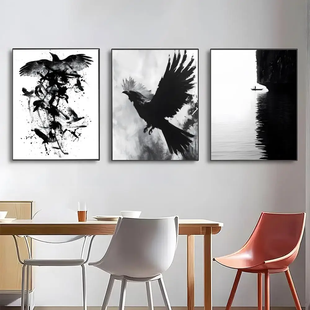 Minimalist Black and White Mountain Tree Crow Poster High-definition posters, wall art for living room and home decor.