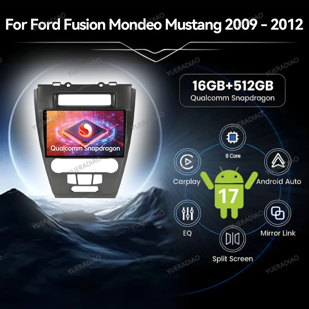 Rádio Automotivo Android 17 para Ford Fusion Mondeo Mustang 2009 - 2012 com Carplay Auto, 4G LTE, 5G WIFI, Bluetooth e Câmera de Ré - Central Multimídia